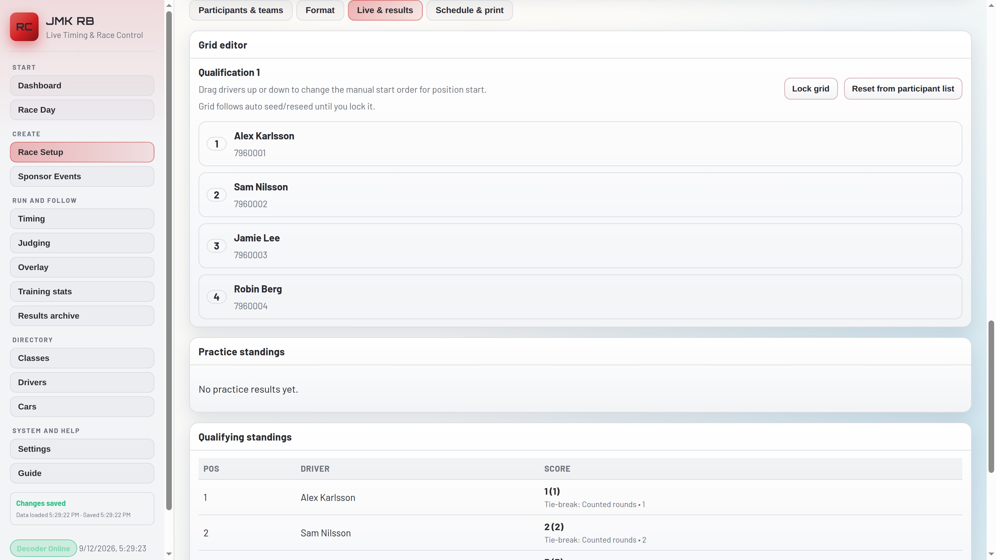 Event Manager's Live & results tab