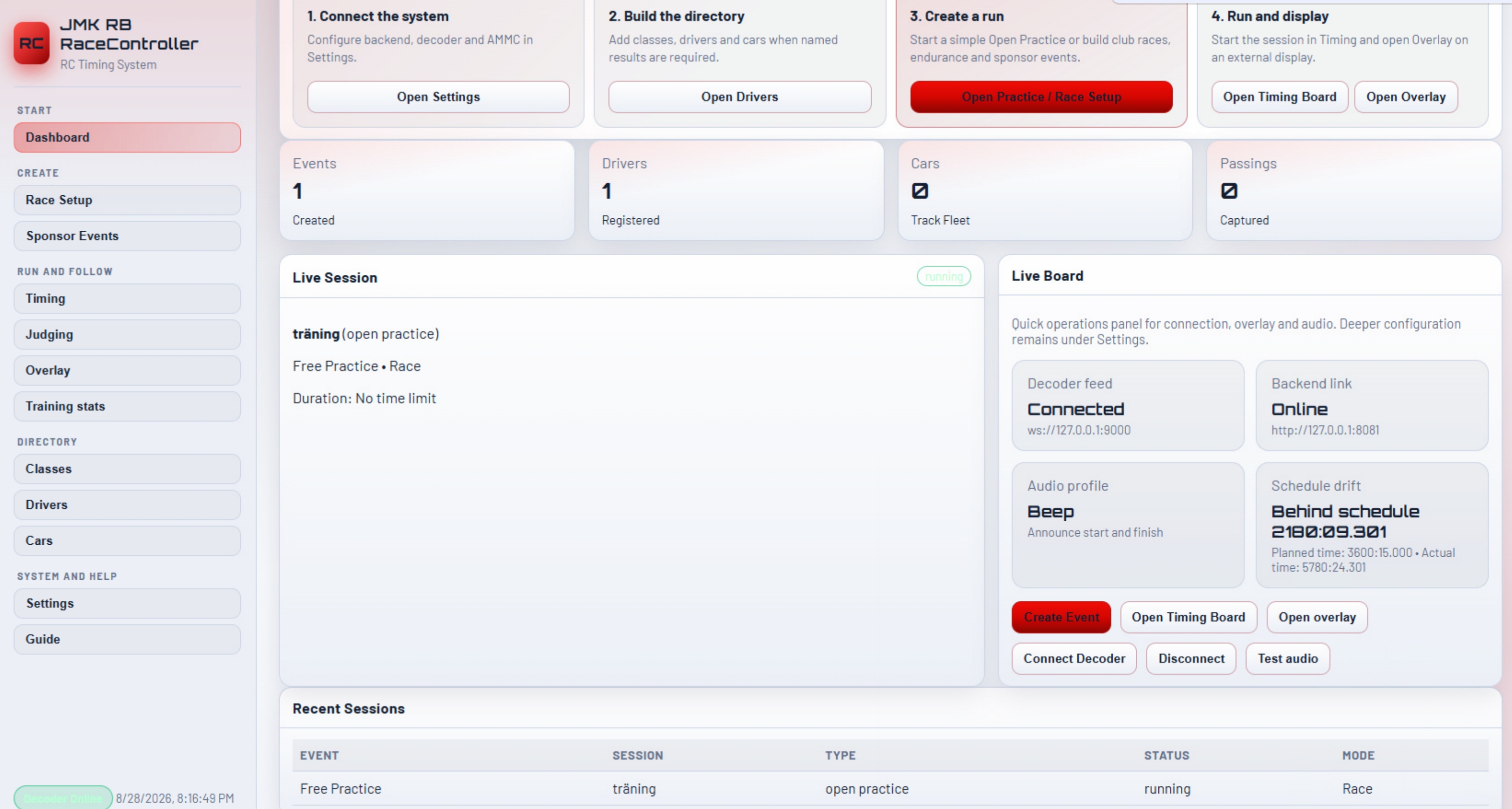 Dashboard with active session